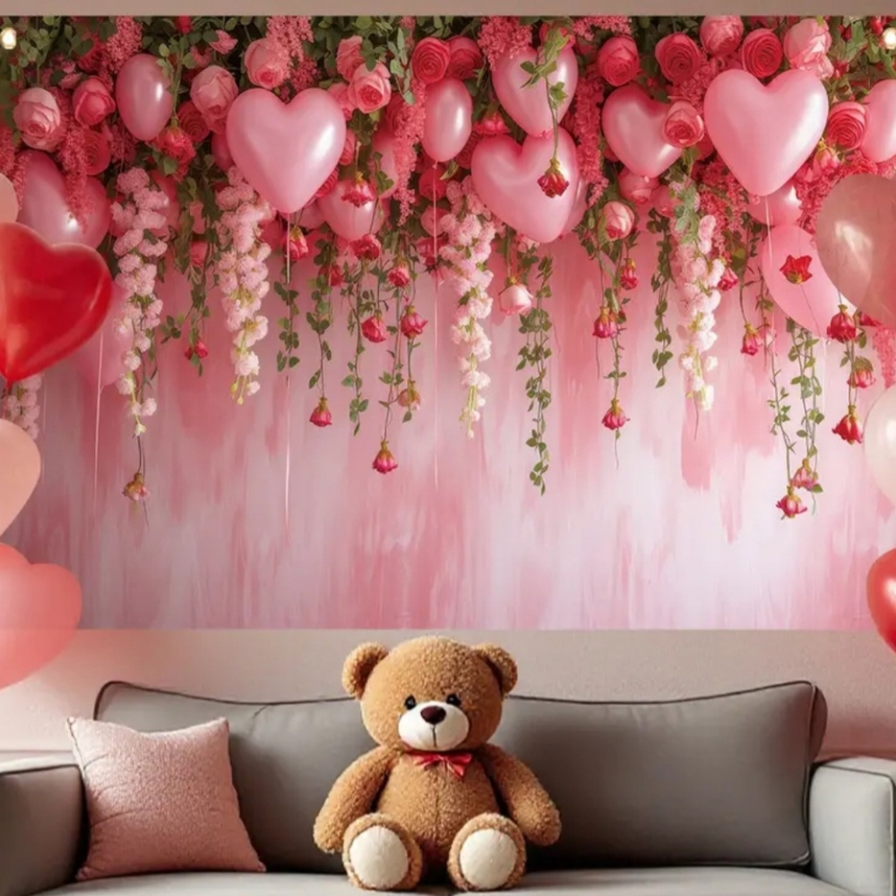 New Red & Pink Heart Balloon Flowers Of Love Backdrop/Tapestry V9